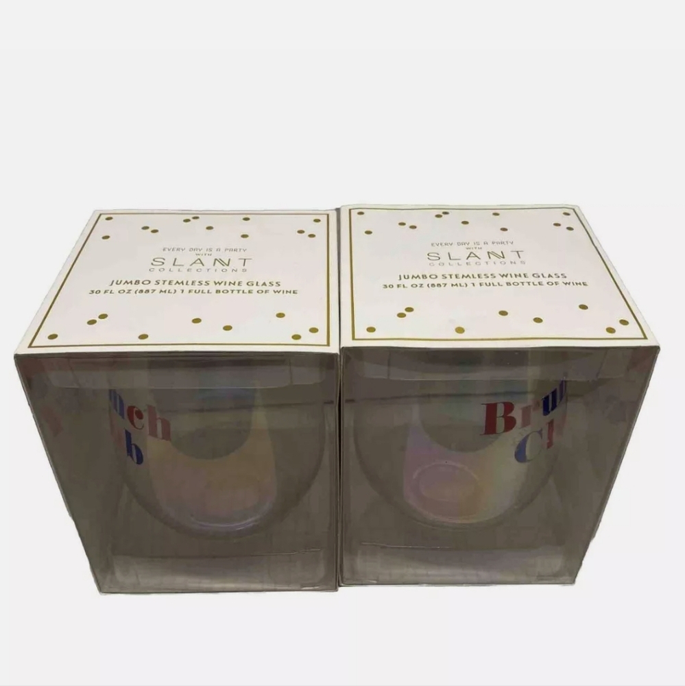 NEW IN BOX Set of 2 Slant Collections Jumbo Stemless “Brunch Club" Wine Glasses
